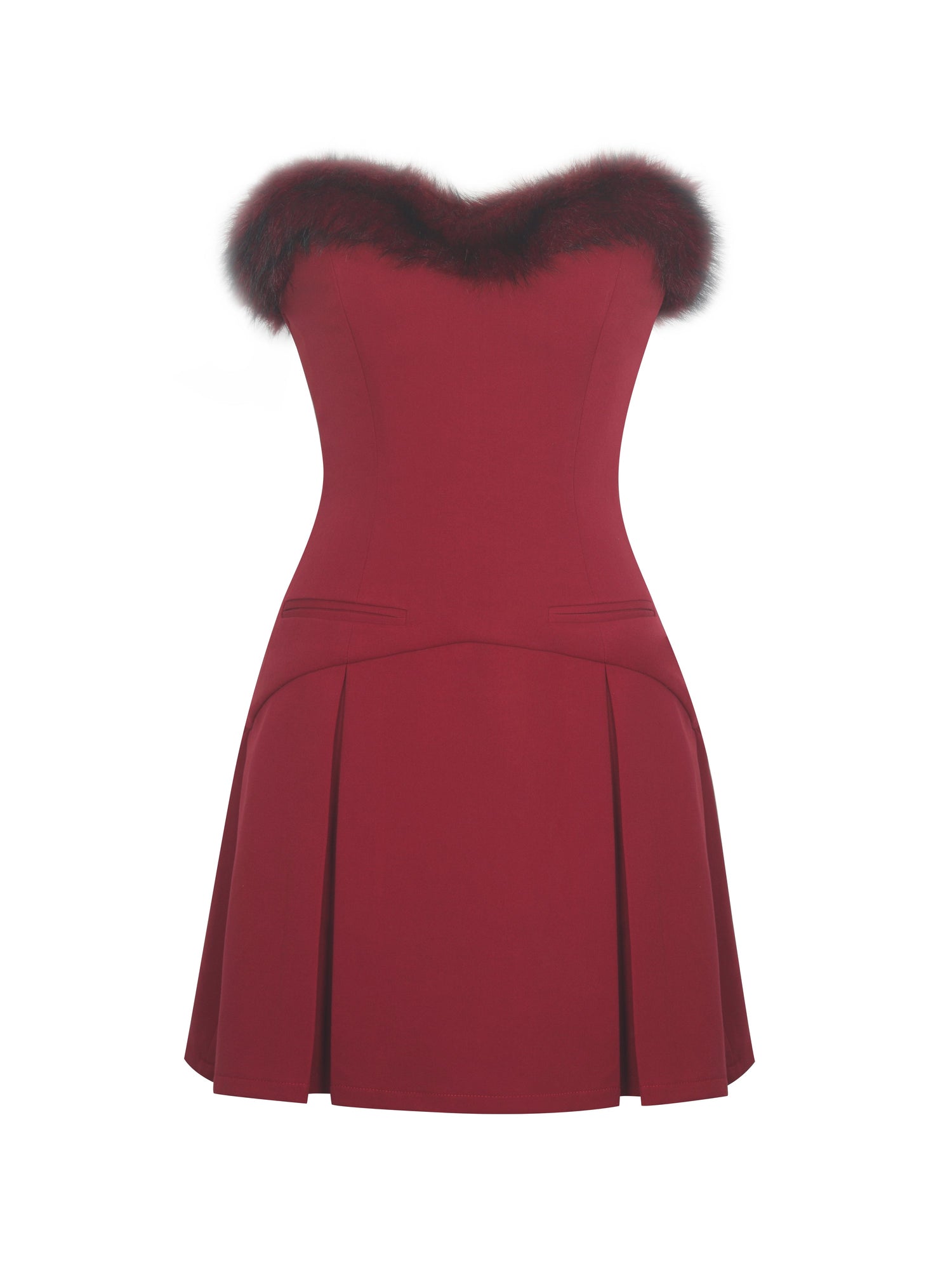 Nalia Fur Trimmed Sweetheart Mini Dress | Crimson