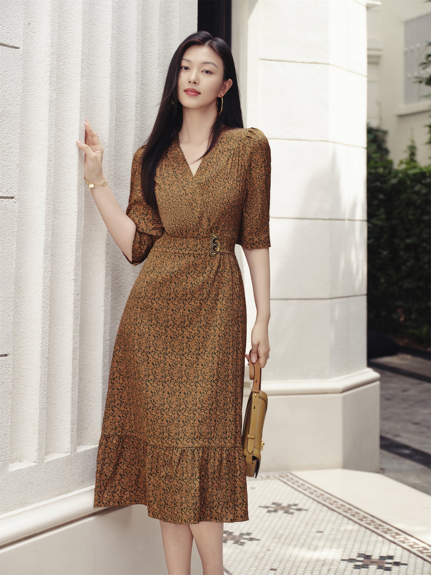 One-Piece Tea-Length Dress | Brown