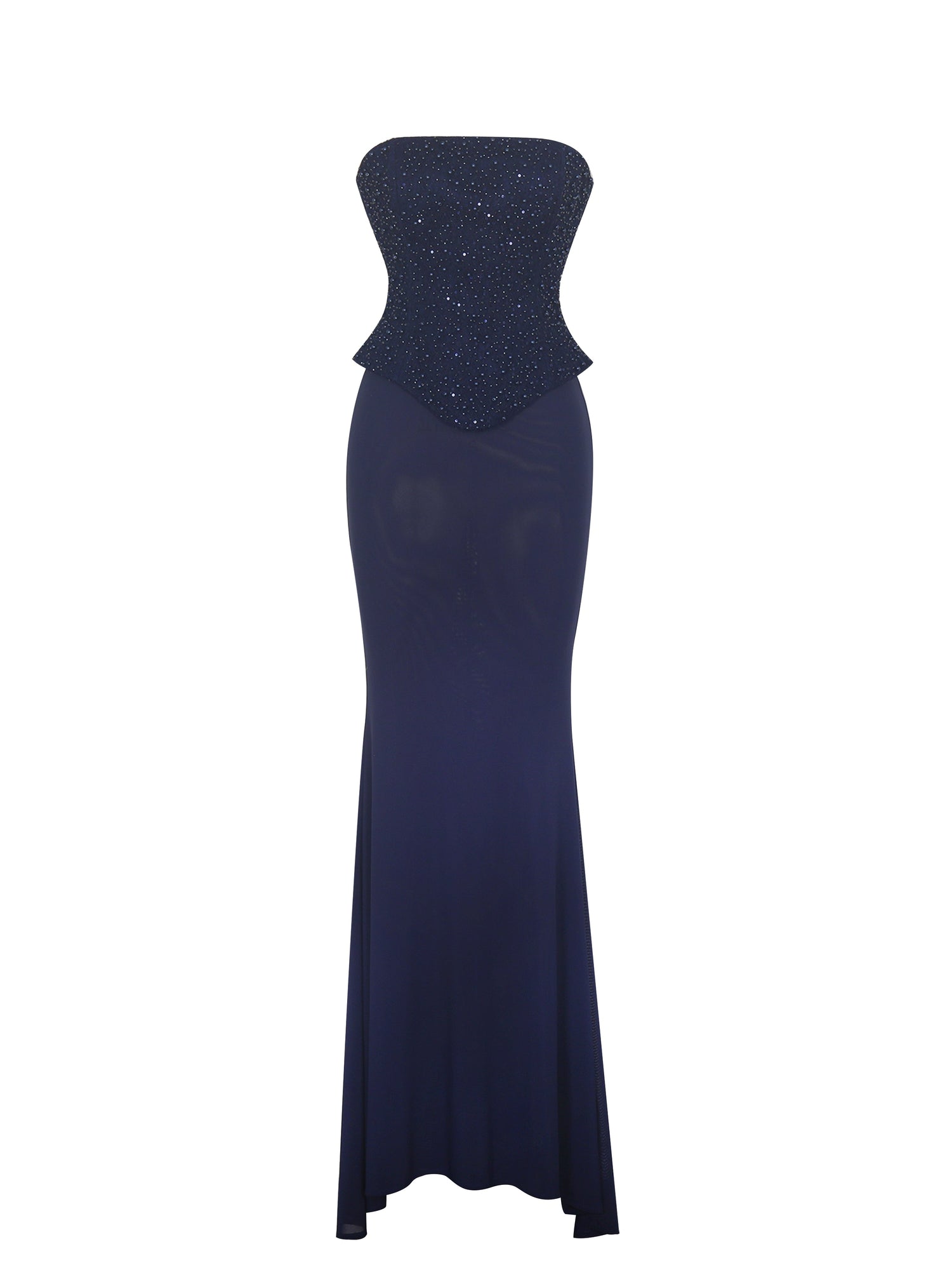 Orabelle Beaded Peplum Mermaid Maxi Gown with Lace-up Back | Navy