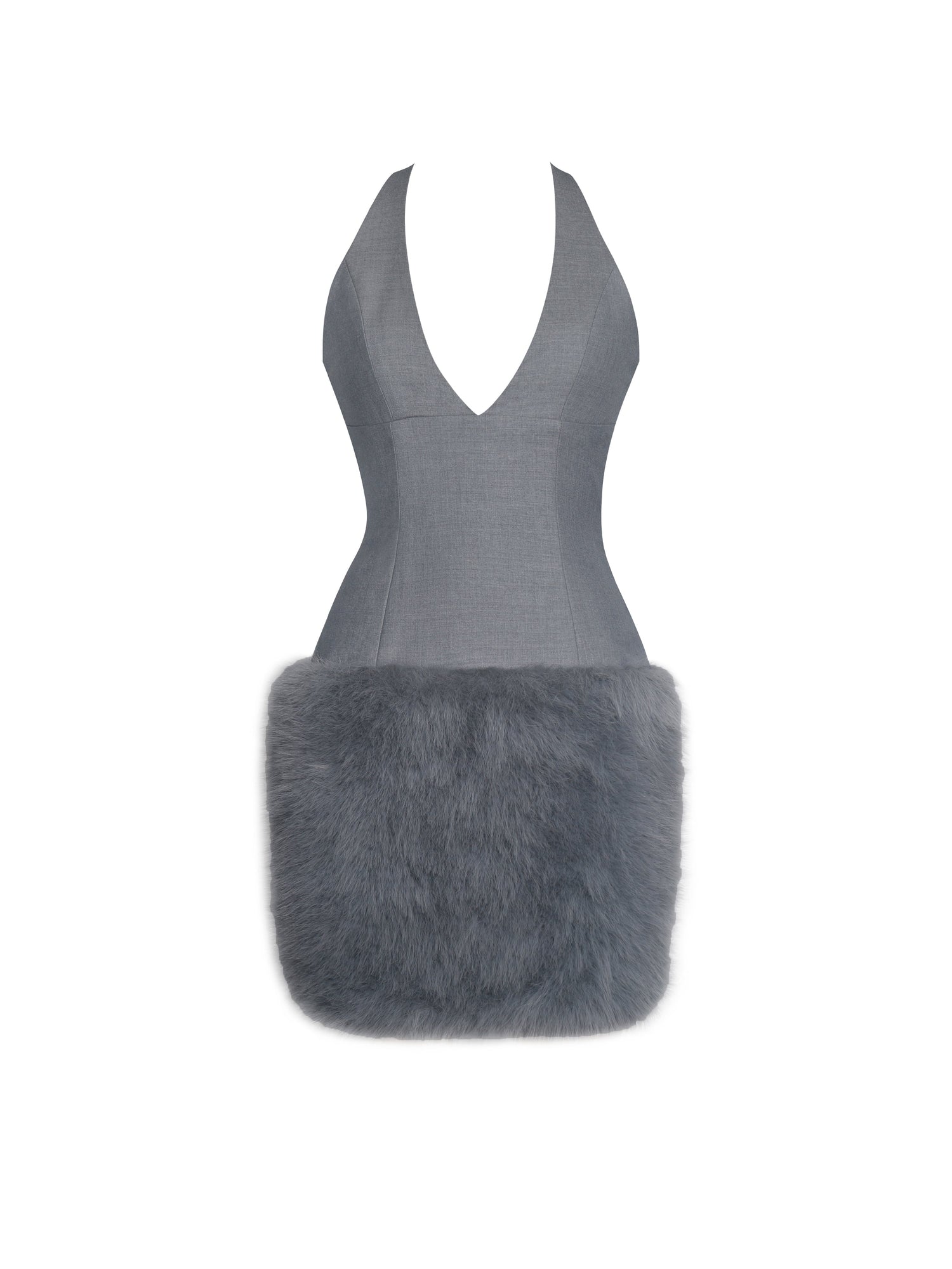 Daisy Drop Waist Fur Trim Halter Mini Dress | Grey
