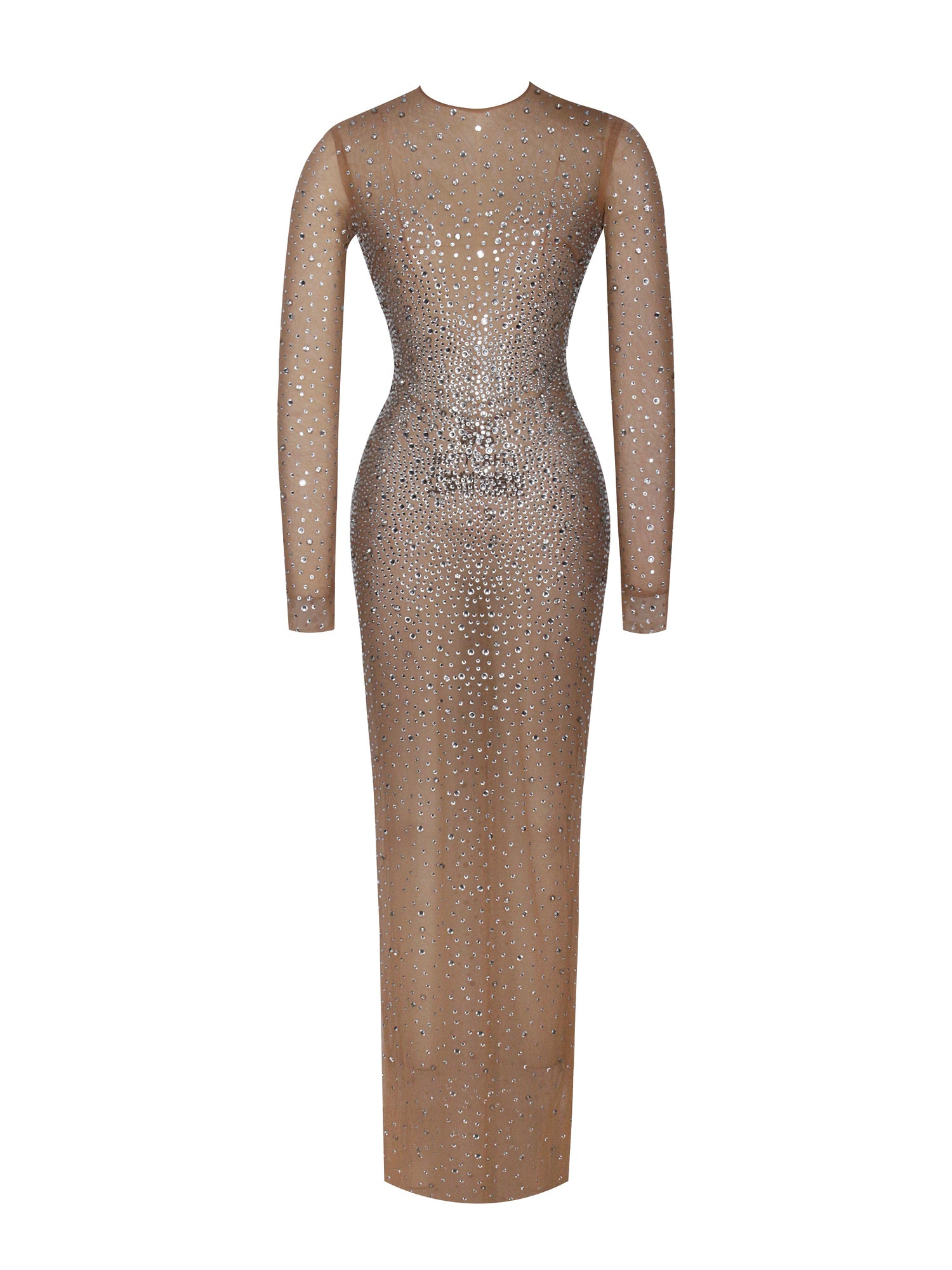 Isabel Crystal Embellished Mesh Long Sleeve Maxi Dress | Beige