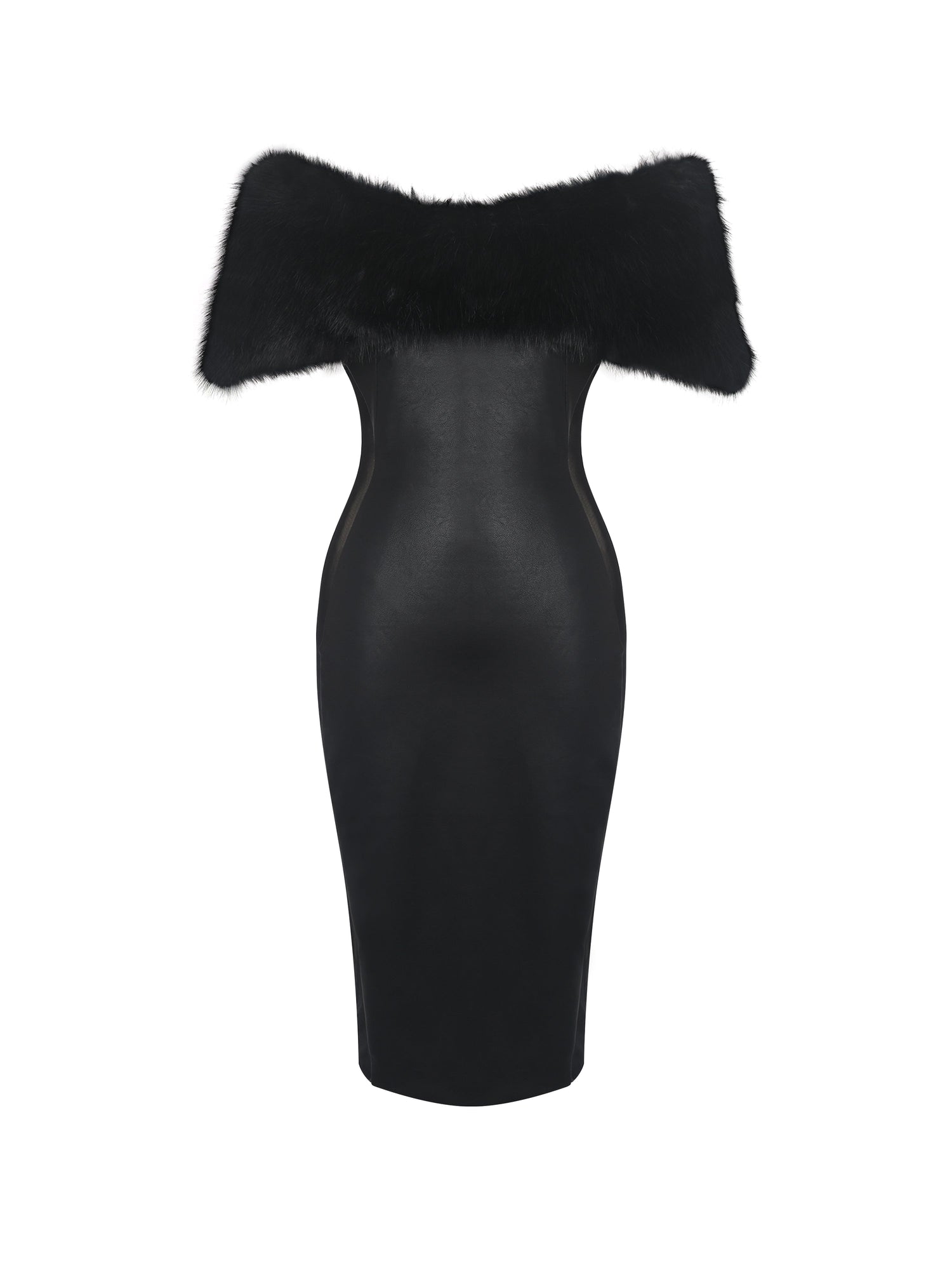 Bellis Fur Trim Mesh Panel Off-Shoulder Midi Dress | Black