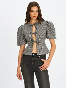 Qusayla Cotton Bubble Sleeve Bowtie Top | Black Gingham