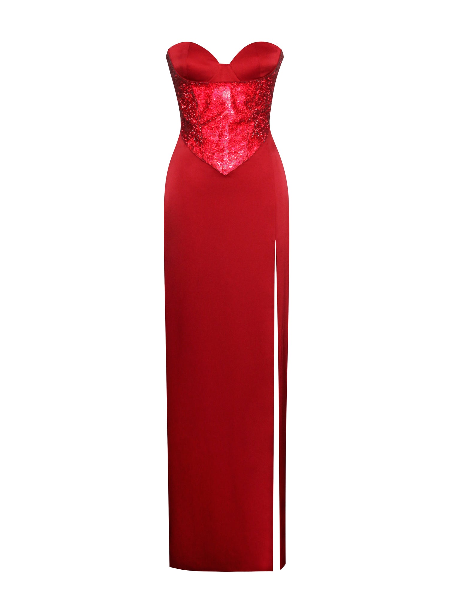 Kadesha Crystal High Slit Satin Corset Gown | Red