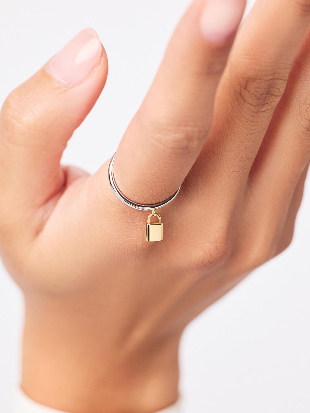 14K Gold Rhodium Plated Charm Rings Padlock Key Two Tone Band Rings For Women Ana Luisa Colter