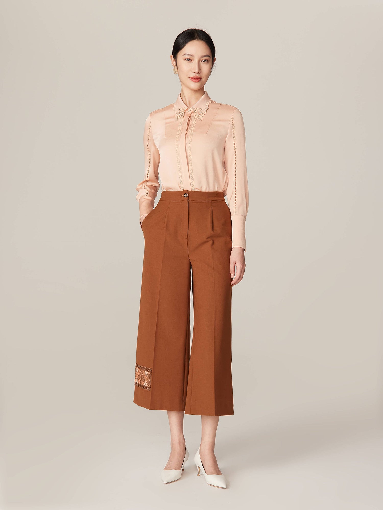 Embroidered Collar Silky Crop Shirt | Camel