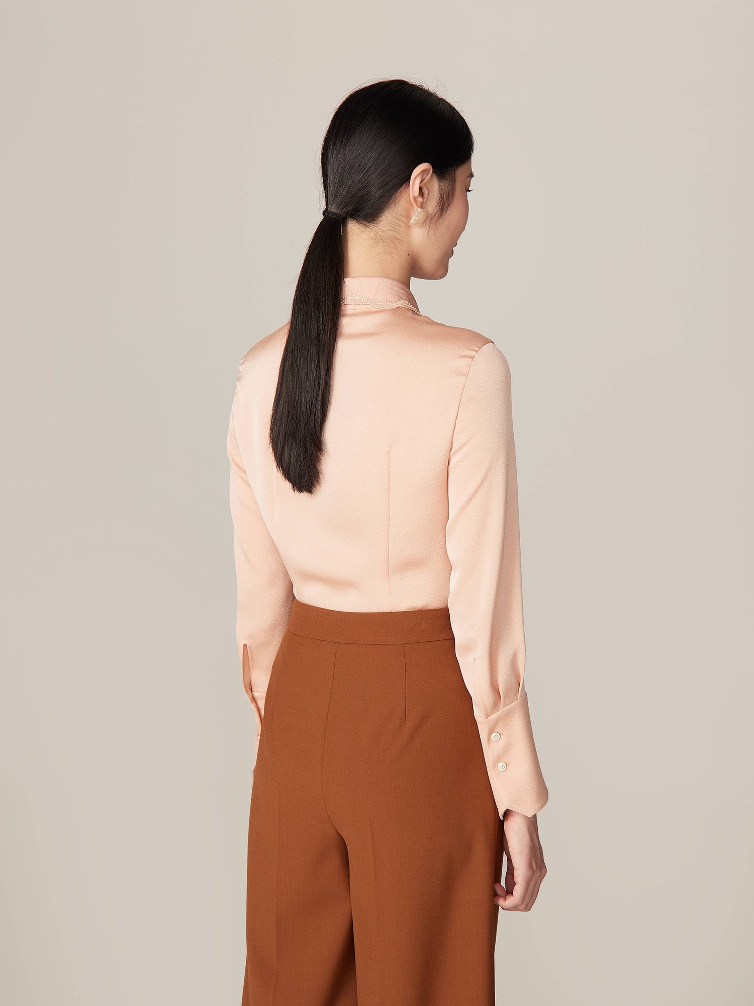 Embroidered Collar Silky Crop Shirt | Camel