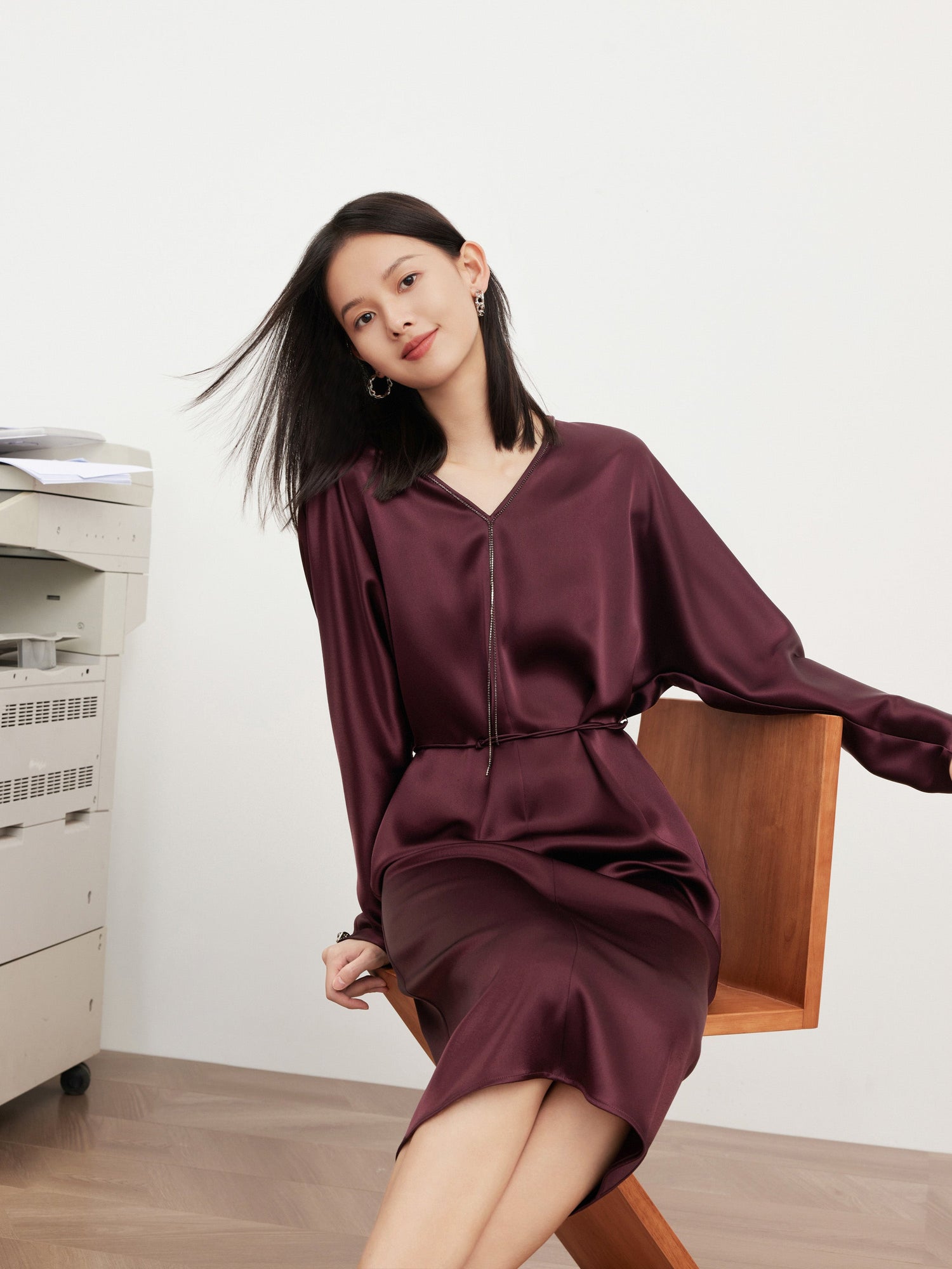 v neck high waist dress | Wine Red