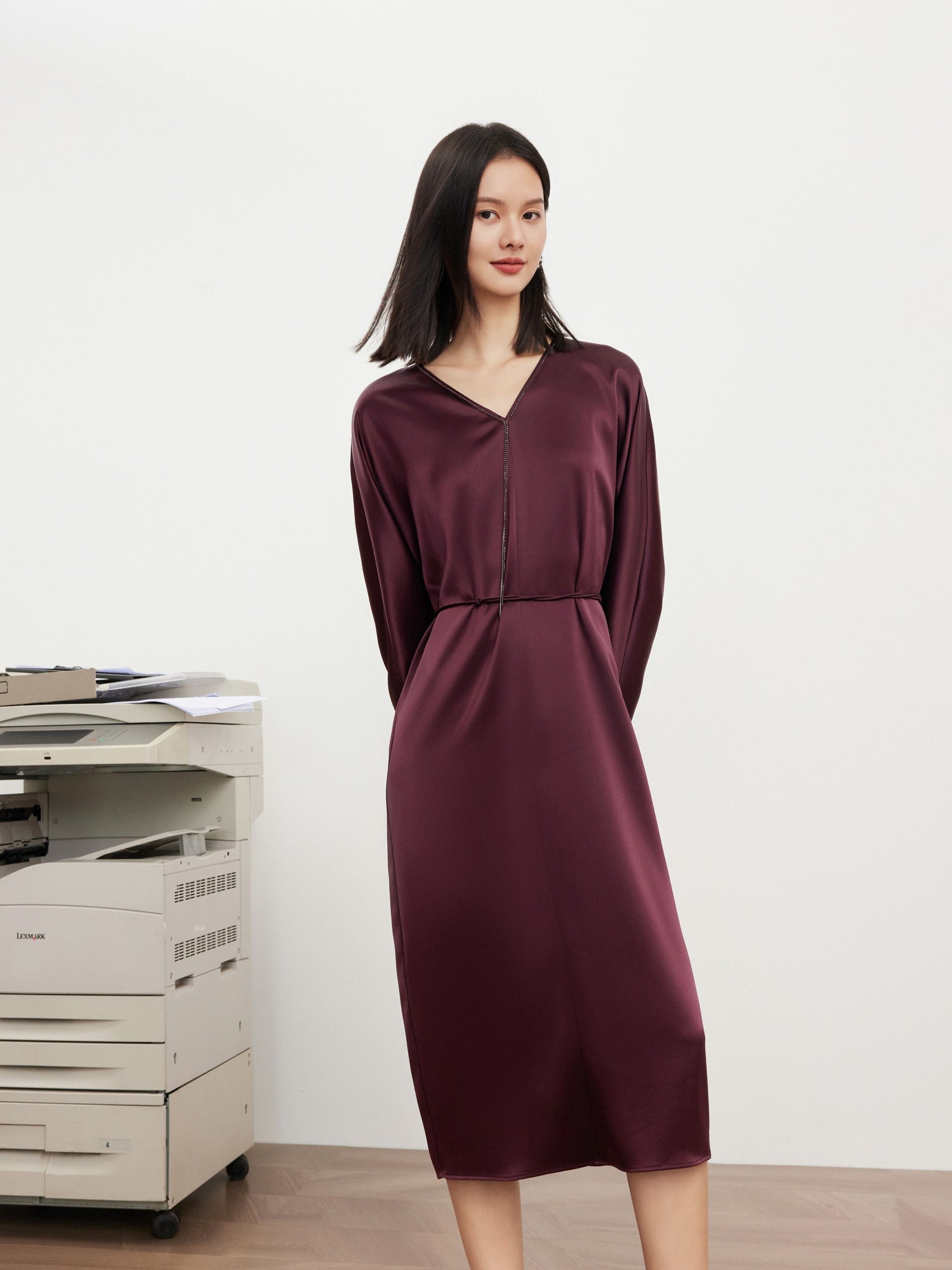 v neck high waist dress | Wine Red