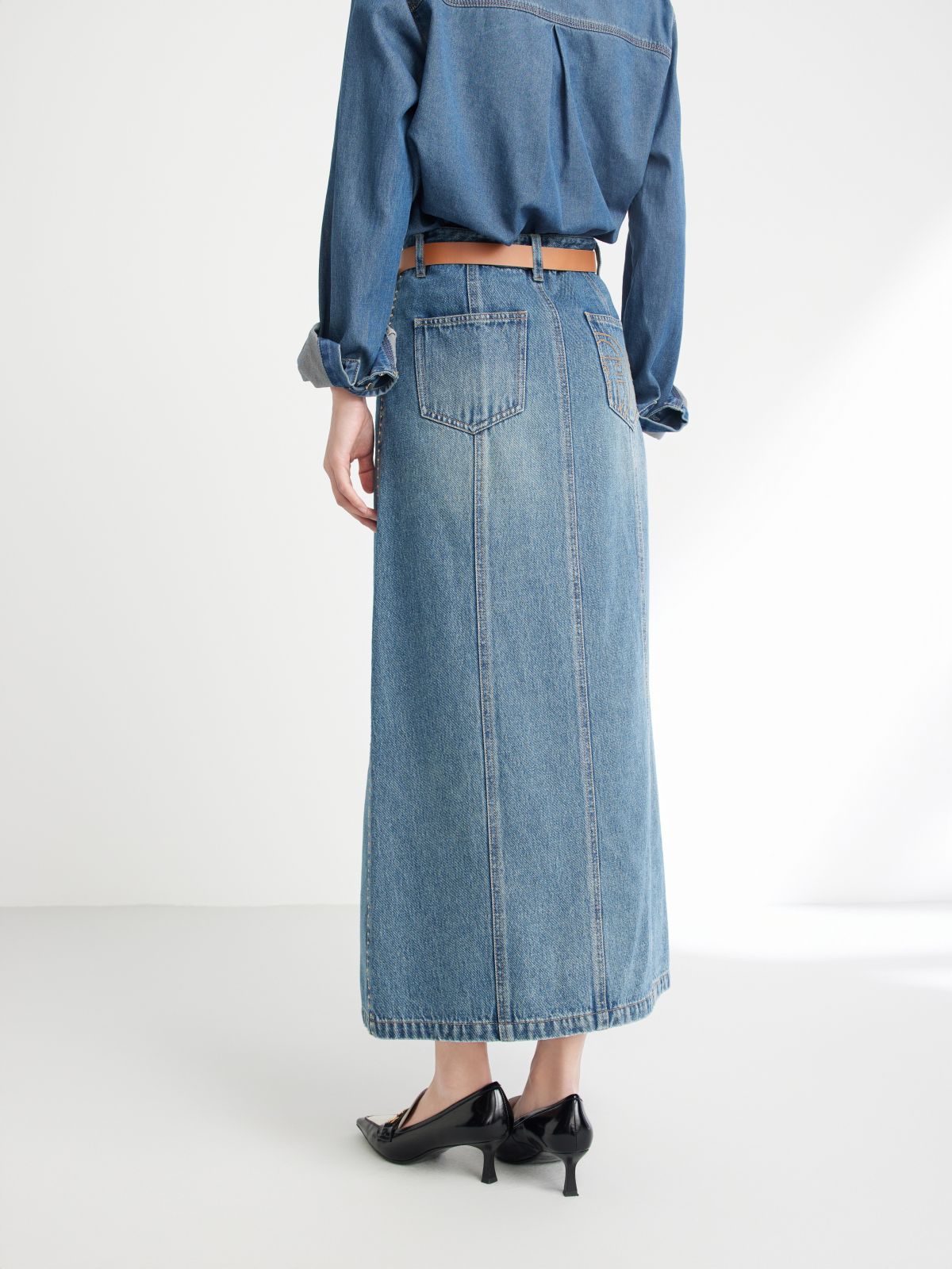 Split Cotton Midi Skirt | Blue