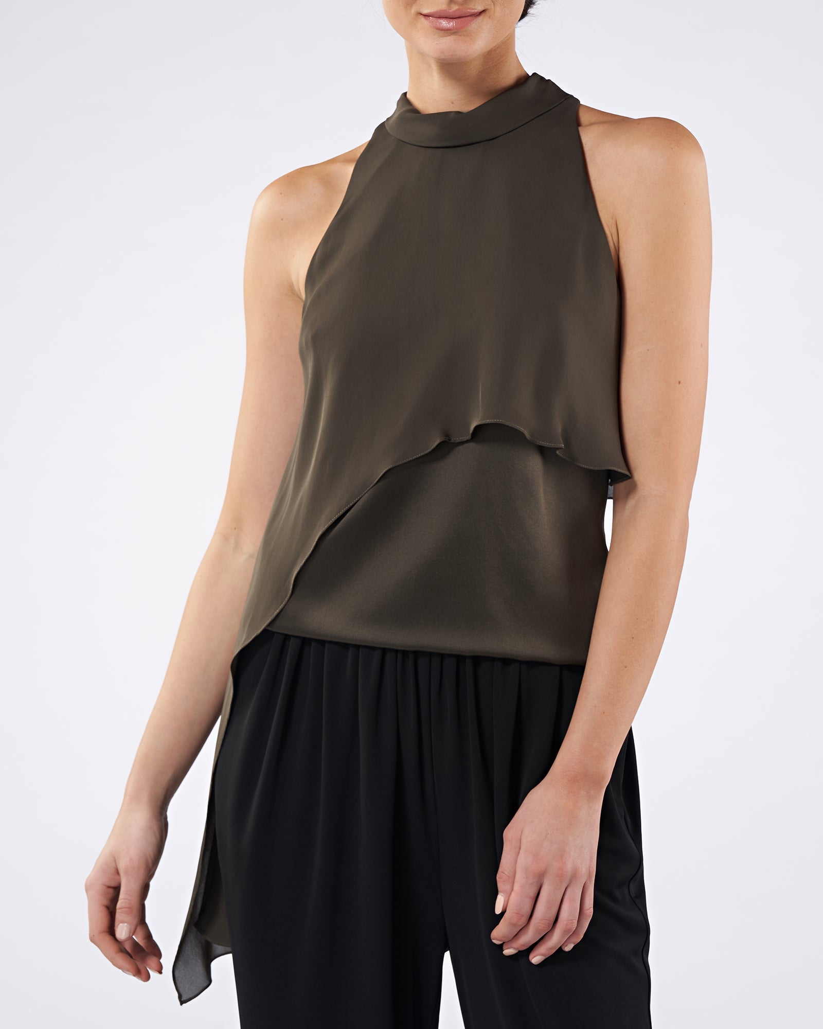 Halston | Sasha Silk Drape Top | Dark Olive