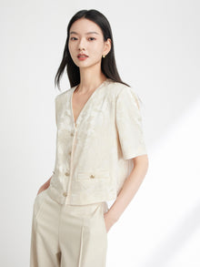 Jacquard Pattern Silk-Blend Top | Beige