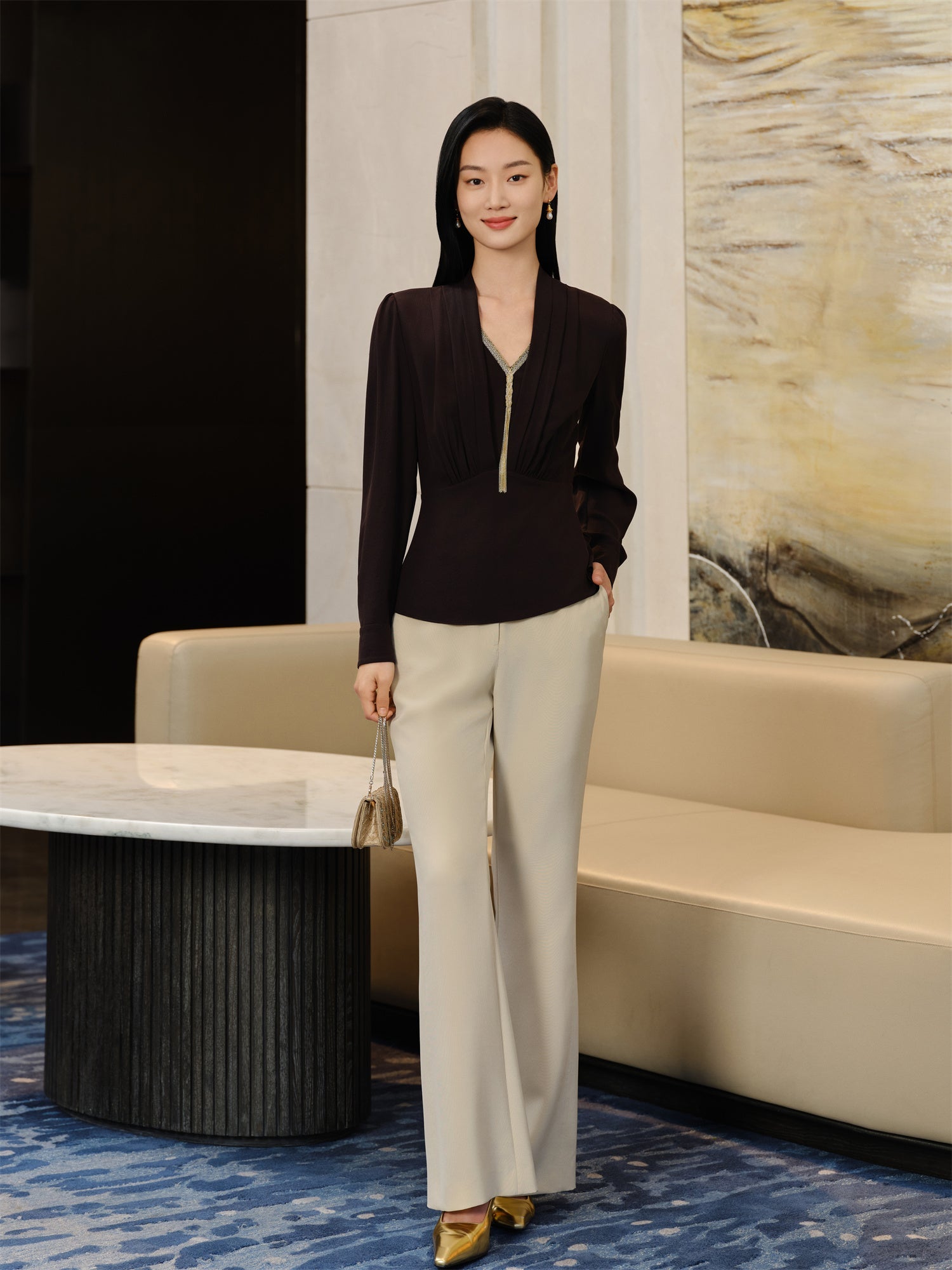 Silk Waist-Cinched Shirt | Purple