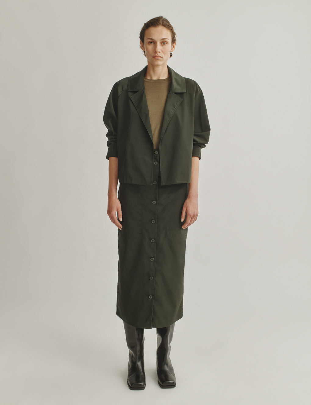 Womens | The Utility Skirt in Technical Wool Nylon | Moss