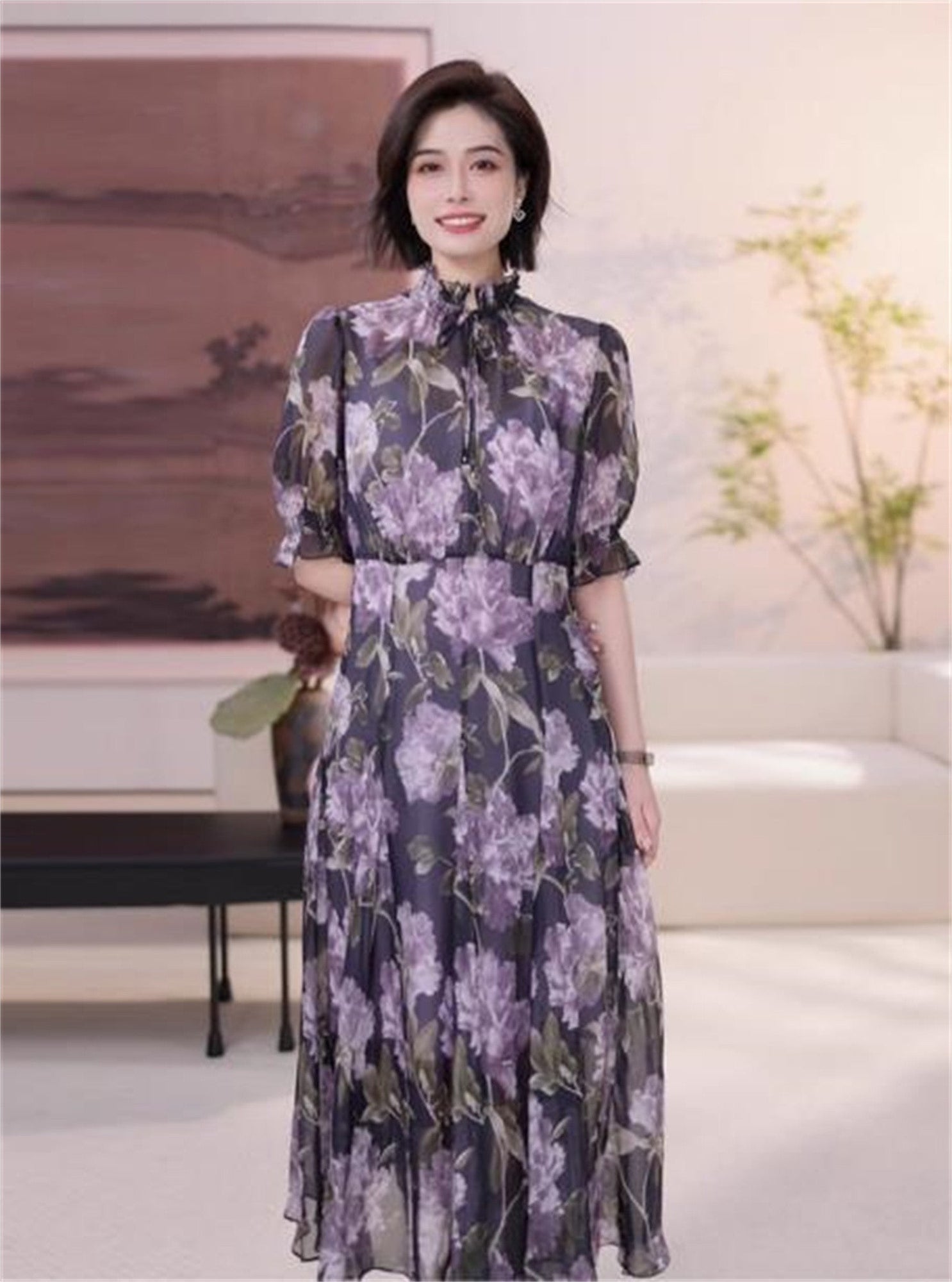 Silk Peony Print Dress | Purple