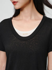 Linen Blend Crew Neck T-Shirt | Black