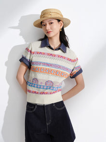 Striped Jacquard Knit T-Shirt | Beige