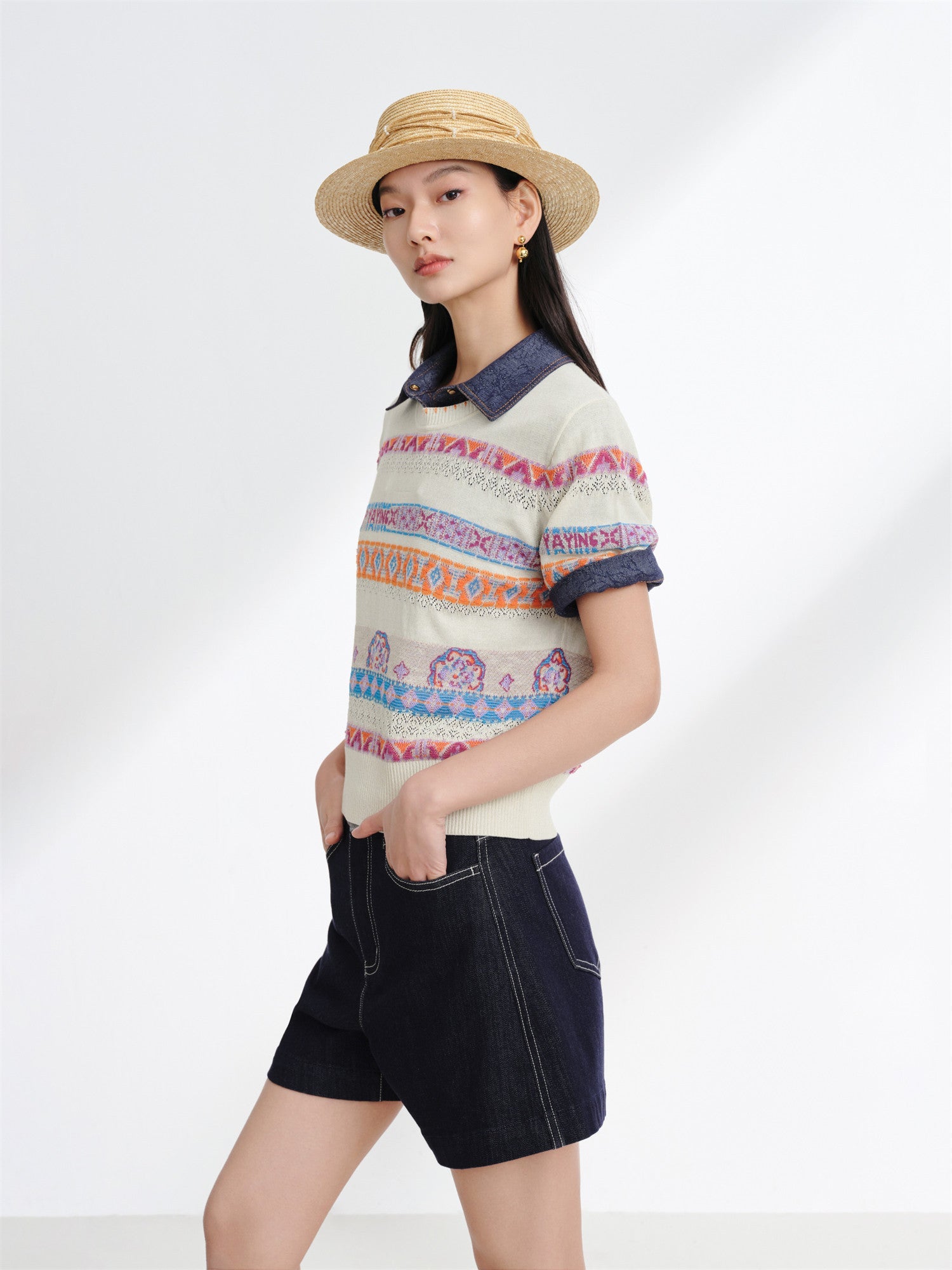 Striped Jacquard Knit T-Shirt | Beige