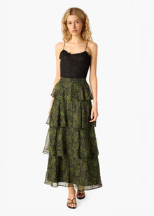 Gaia Metallic Chiffon Tiered Maxi Skirt | Forest Paisley