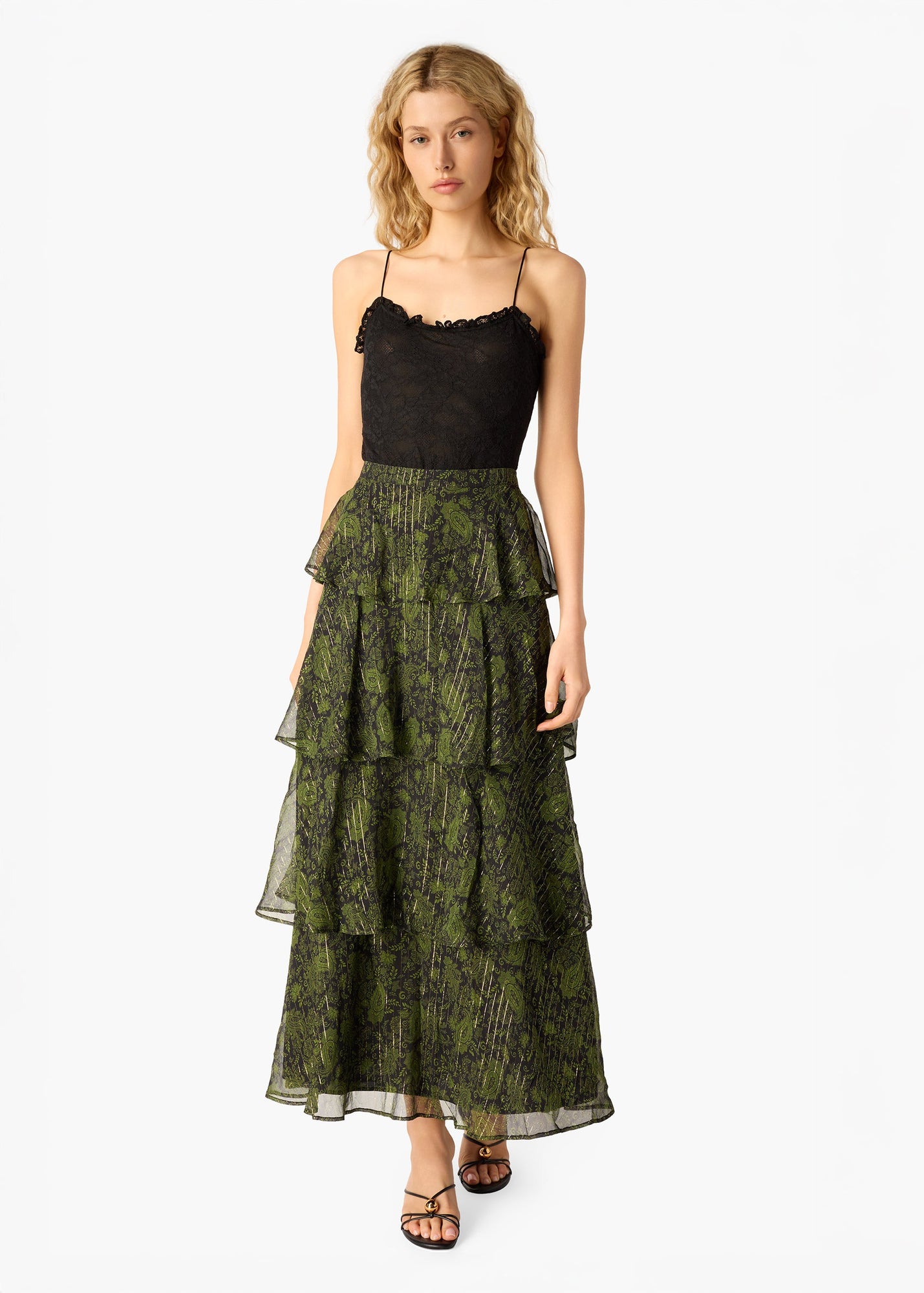 Gaia Metallic Chiffon Tiered Maxi Skirt | Forest Paisley