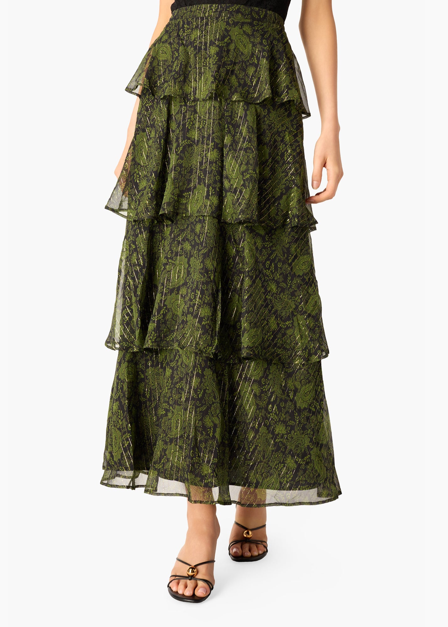 Gaia Metallic Chiffon Tiered Maxi Skirt | Forest Paisley