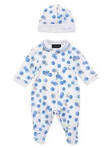 Boys | Printed Cotton Romper With Bonnet | White/Bluette
