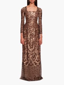 Sequin Lattice Sleeved Gown | Black/Gold
