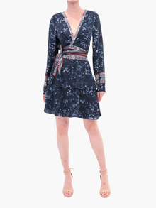 Belted Viscose Long Sleeve Wrap Mini Dress | Blue Multi