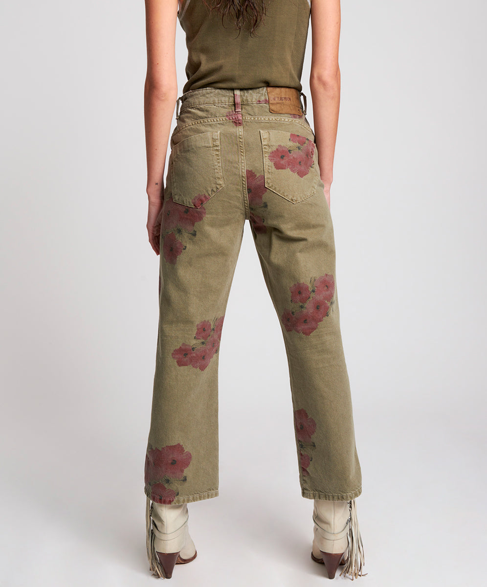 Libertines High Waist Cropped Wide Leg Denim Jeans | Khaki Hibiscus