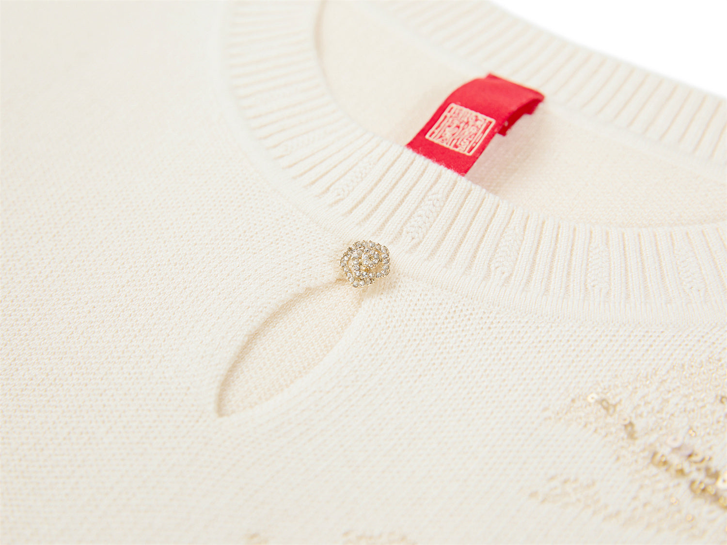 Floral Round-Neck Knit Sweater | Beige