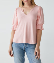 Gillian Split Neck Balloon Sleeve Tee | Grapefruit