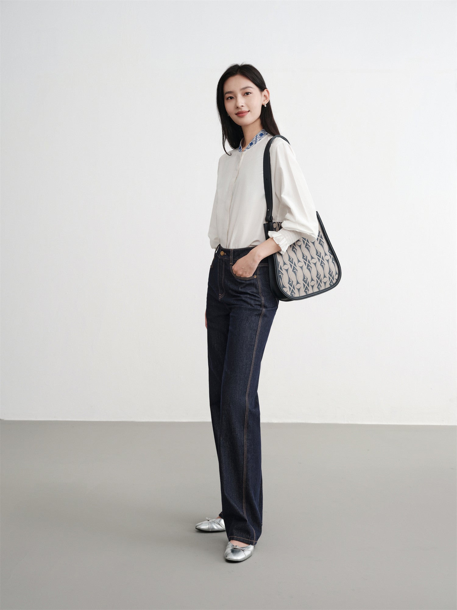Ethnic-Style Stand Collar Shirt | White