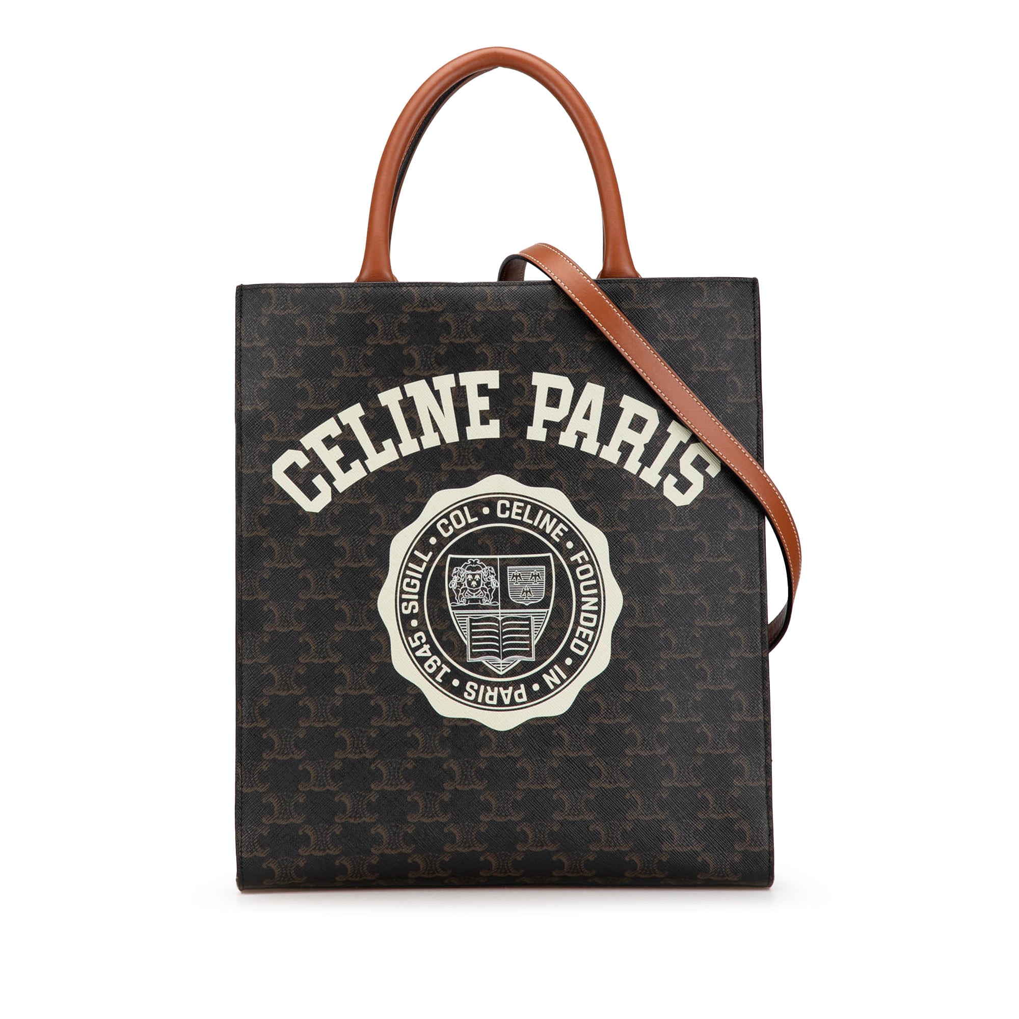 Celine | Pre-Owned Small Paris Print Triomphe Coated Canvas Vertical Cabas Tote | Brown/Dark Brown