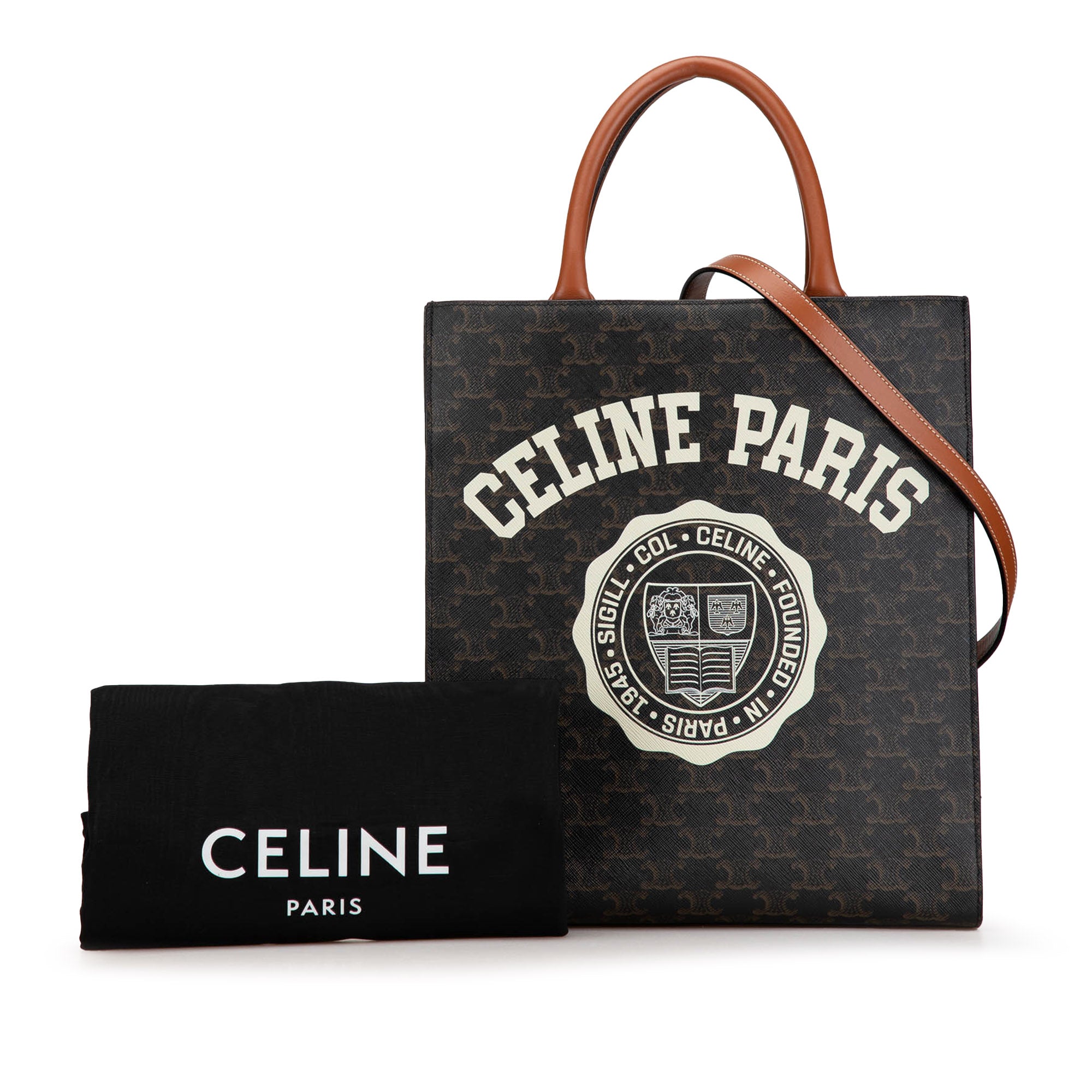 Celine | Pre-Owned Small Paris Print Triomphe Coated Canvas Vertical Cabas Tote | Brown/Dark Brown