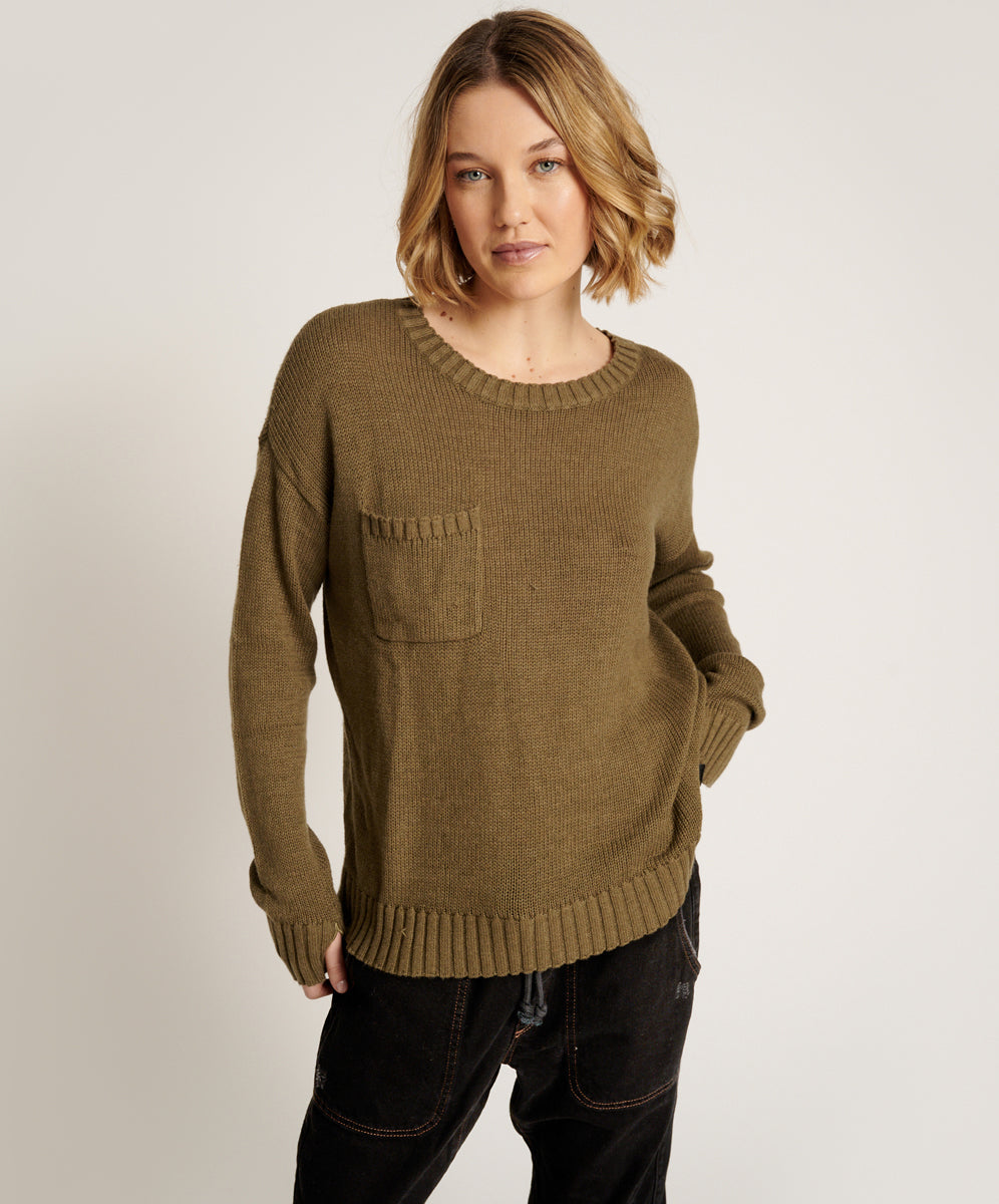 Classic Pocket Chunky Knit Sweater | Khaki