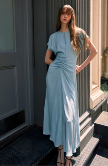 Textured Fluid Crepe Shirred Dress | Frost