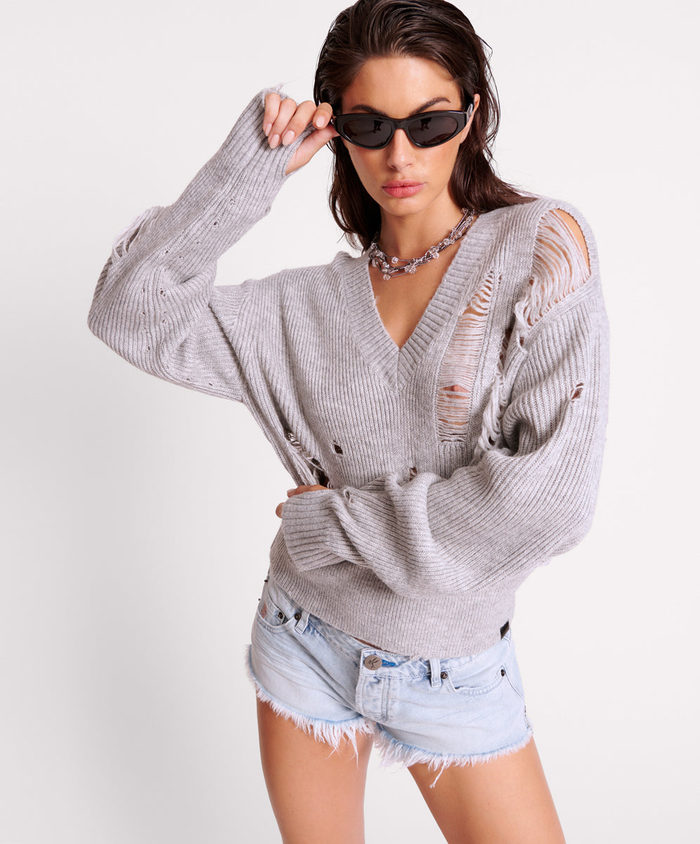 Laddered V-Neck Distressed Sweater | Grey Marle