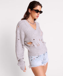 Laddered V-Neck Distressed Sweater | Grey Marle