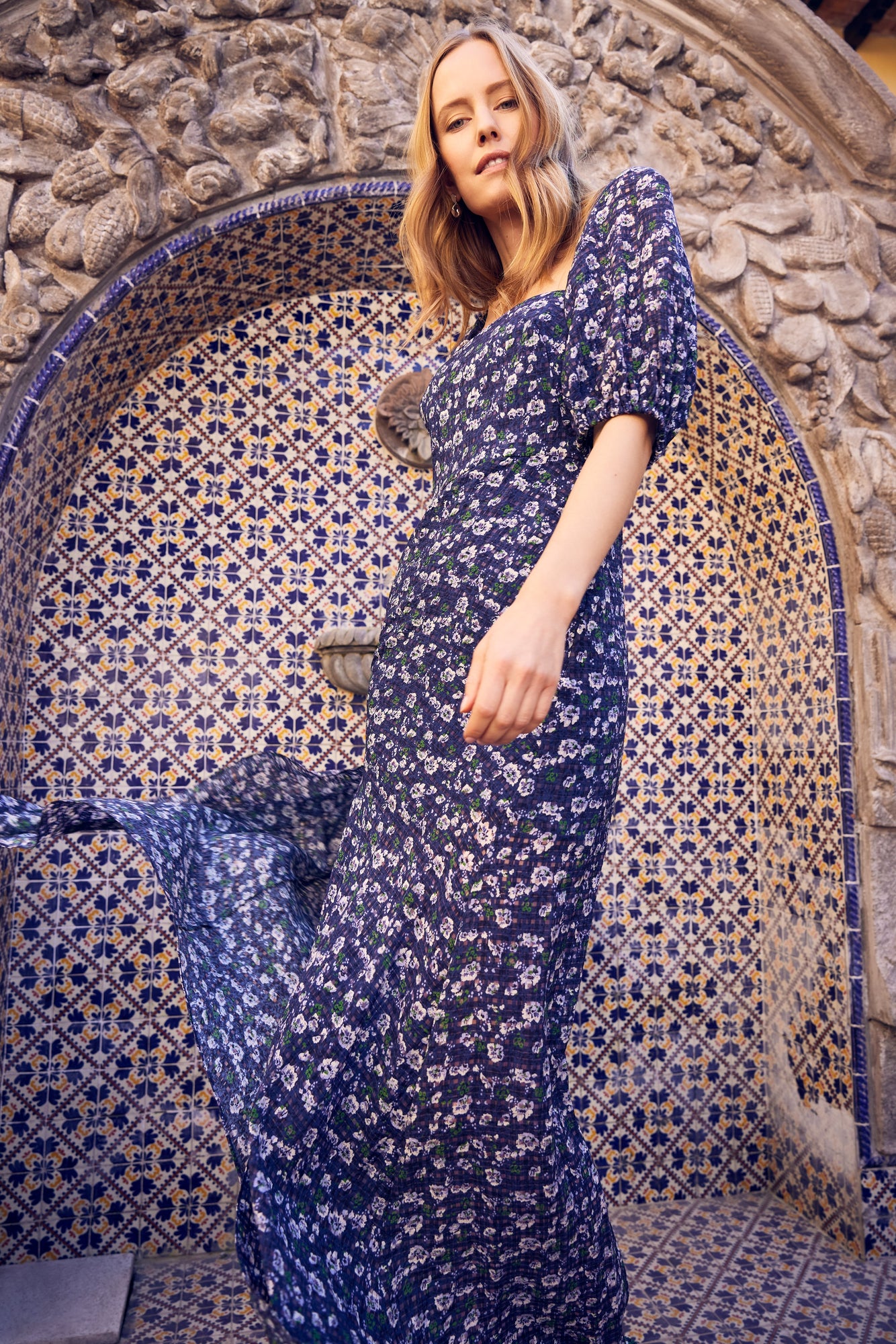 Plaid Floral Crepe Maxi Dress | Ink Multi