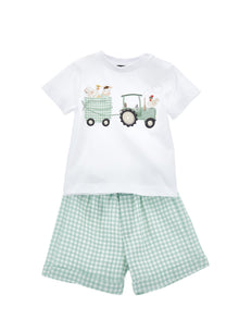 Boys | Set T-Shirt With Gingham Bermuda Shorts | White/Jade Green