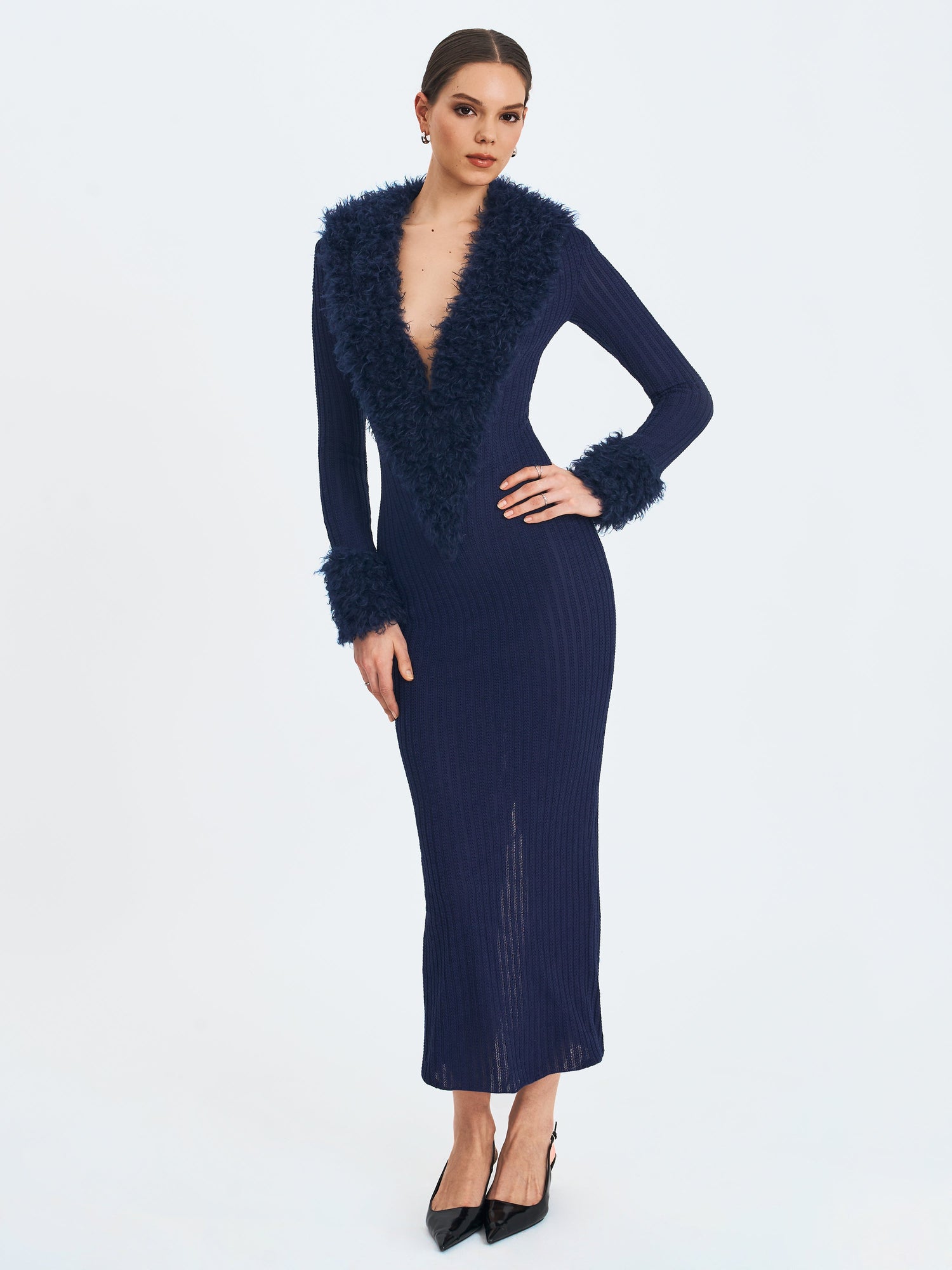 Romina Plunging Fur Trimmed Crochet Maxi Dress | Navy
