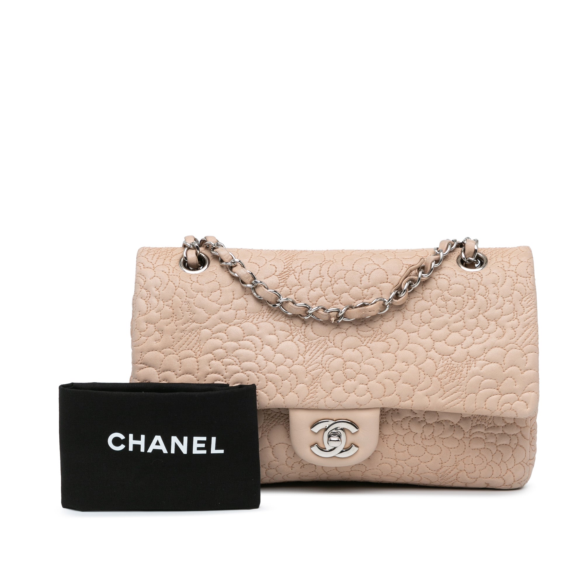 Chanel | Pre-Owned Medium Lambskin Camellia Stitched Double Flap | Pink/Light Pink