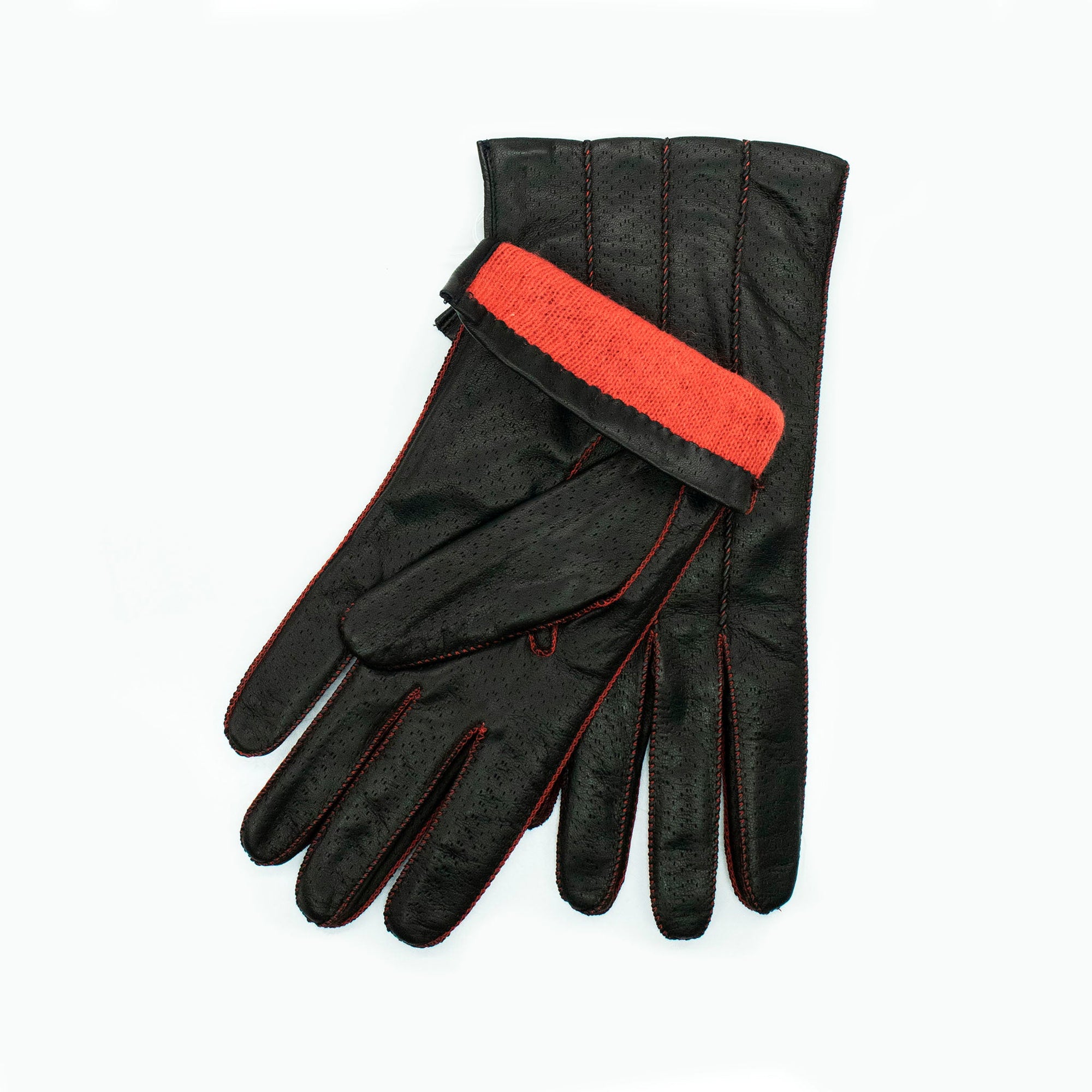 Leather Gloves With Contrast Color Stitches | Black/Orange