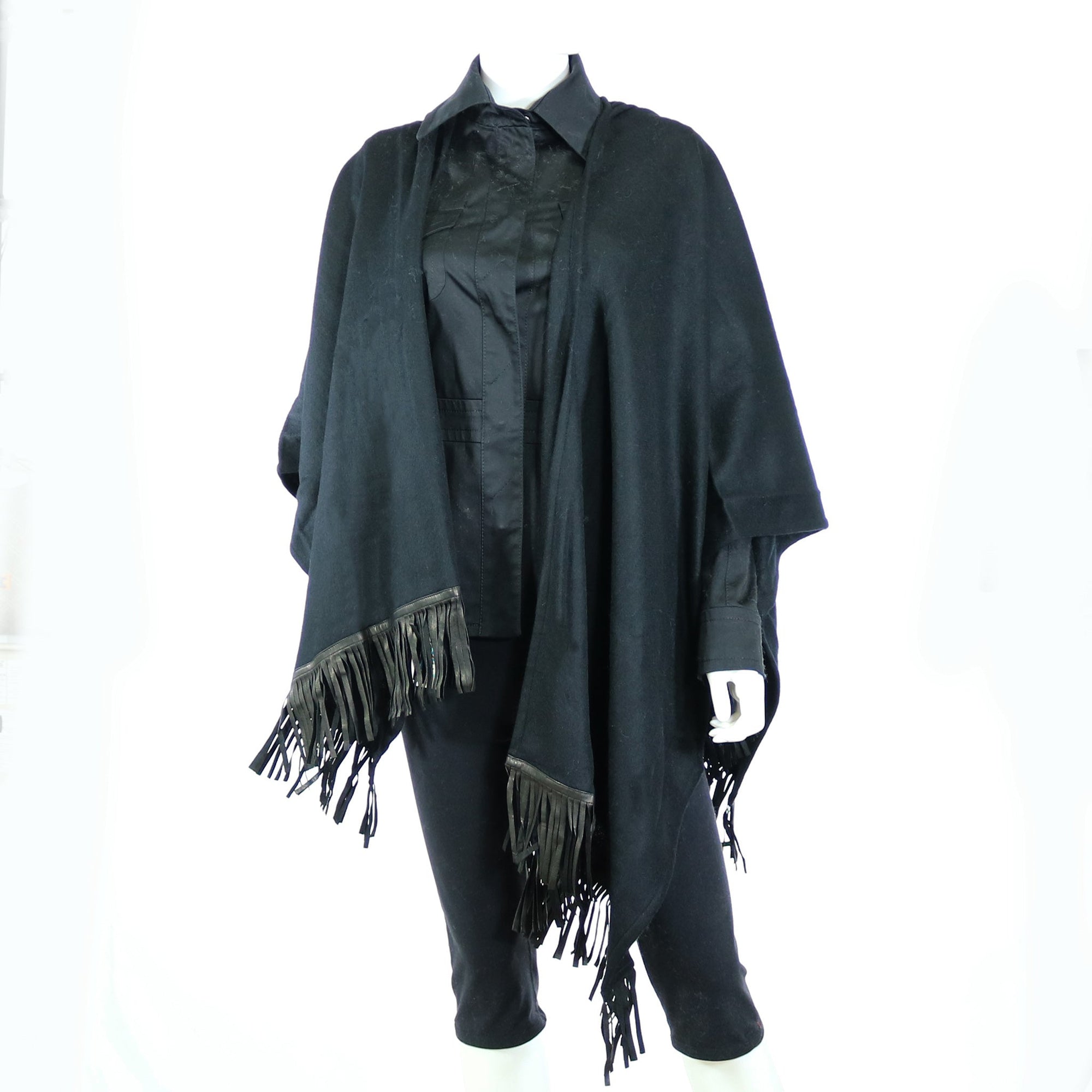 Wool Ruana With Leather Fringes | Black