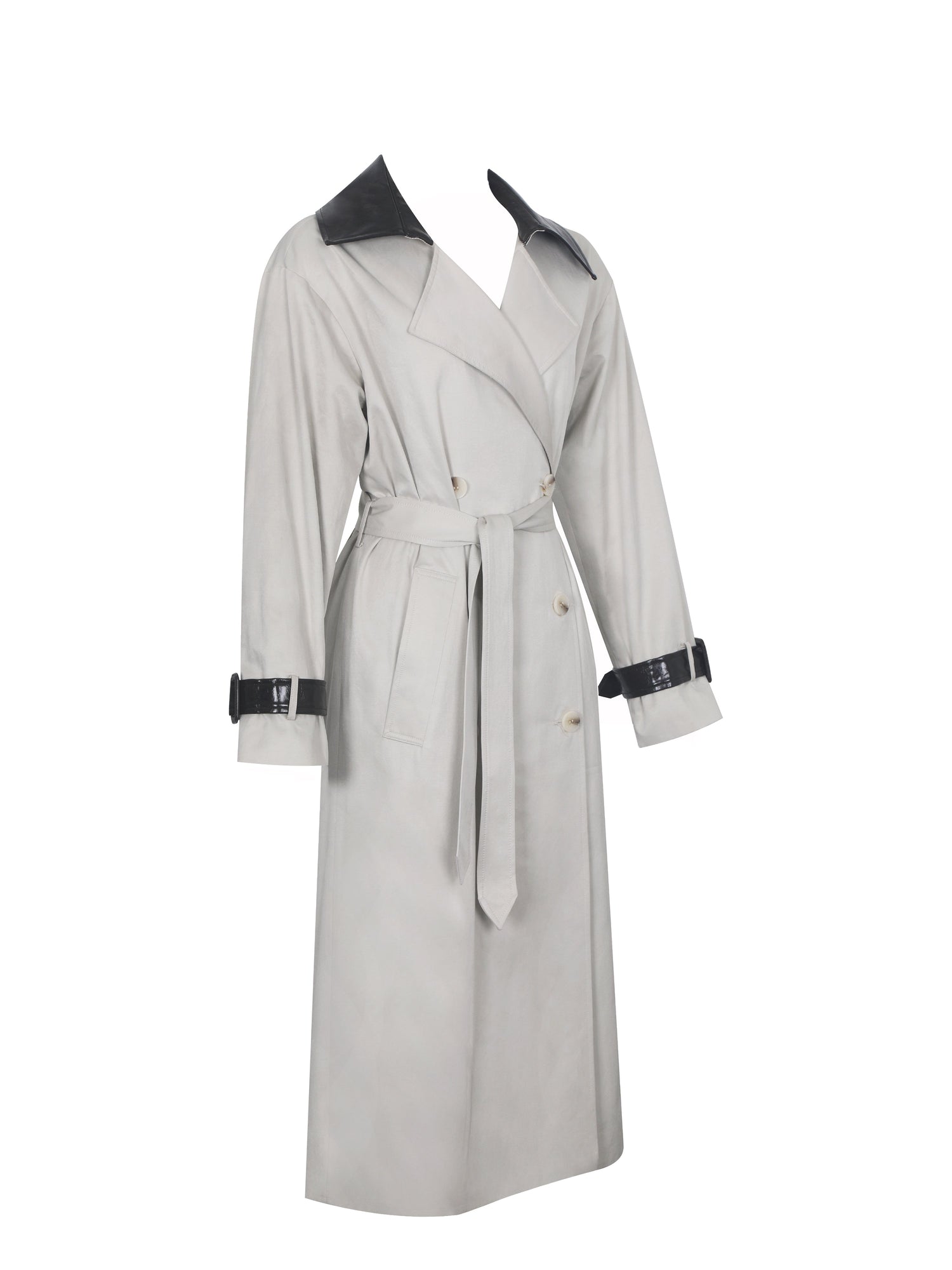 Umber Double-Breasted Faux Leather Lapel Trench Coat | Oyster