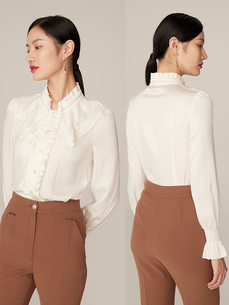 Ruffle-Collar Geometric Jacquard Blouse | White