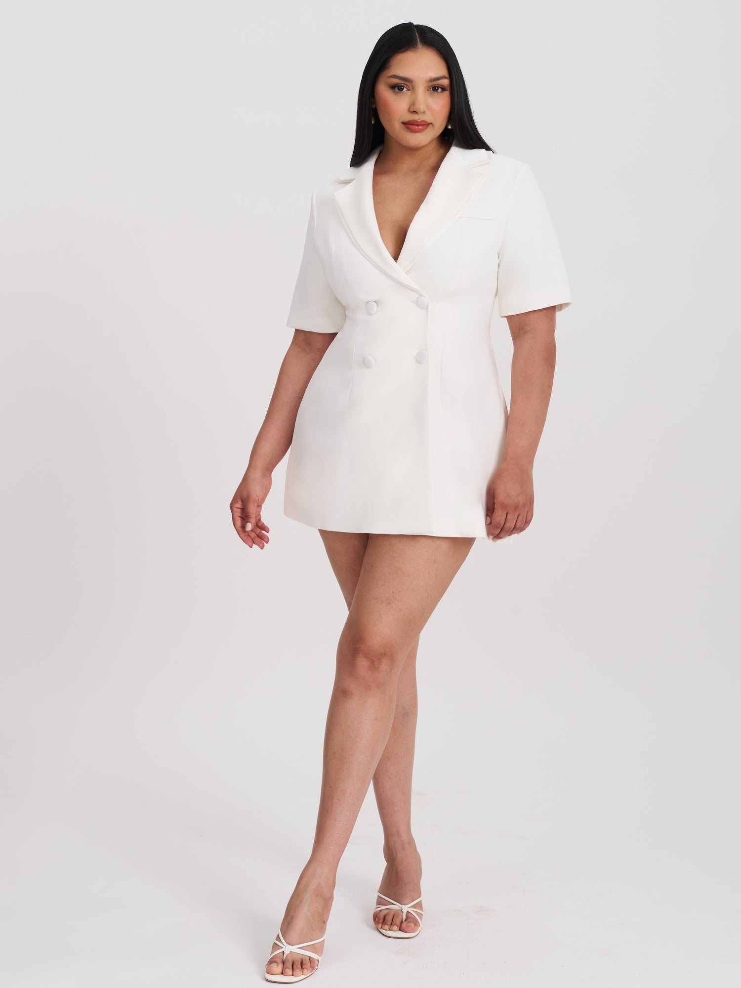Madelina Double Breast Satin Trim Blazer Dress | White