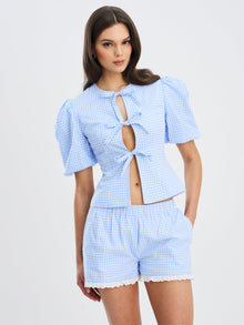 Qutayla Cotton Lace Trim Shorts | Baby Blue Gingham