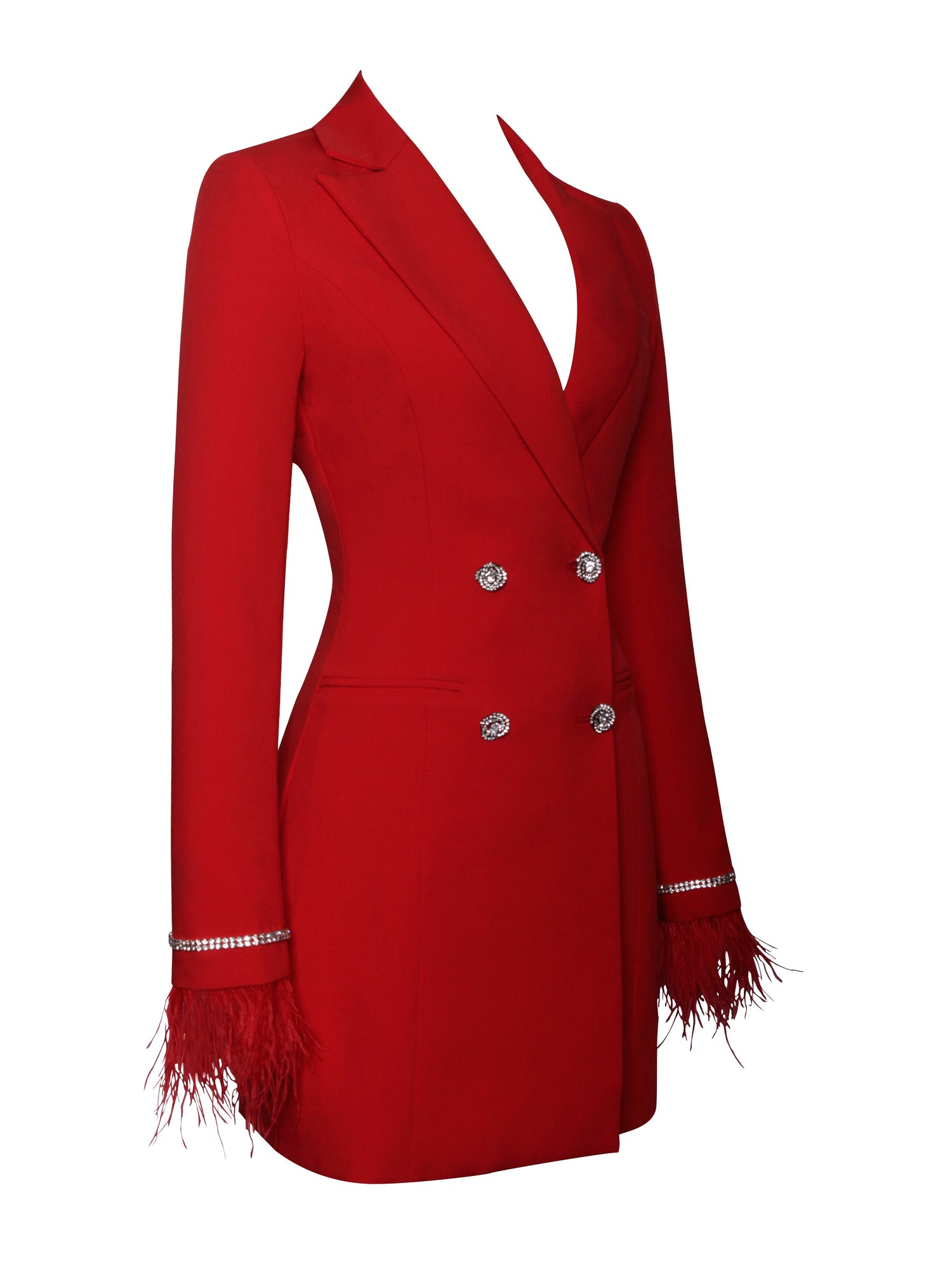 Quilla Feather Crystal Sleeve Backless Blazer Dress | Red