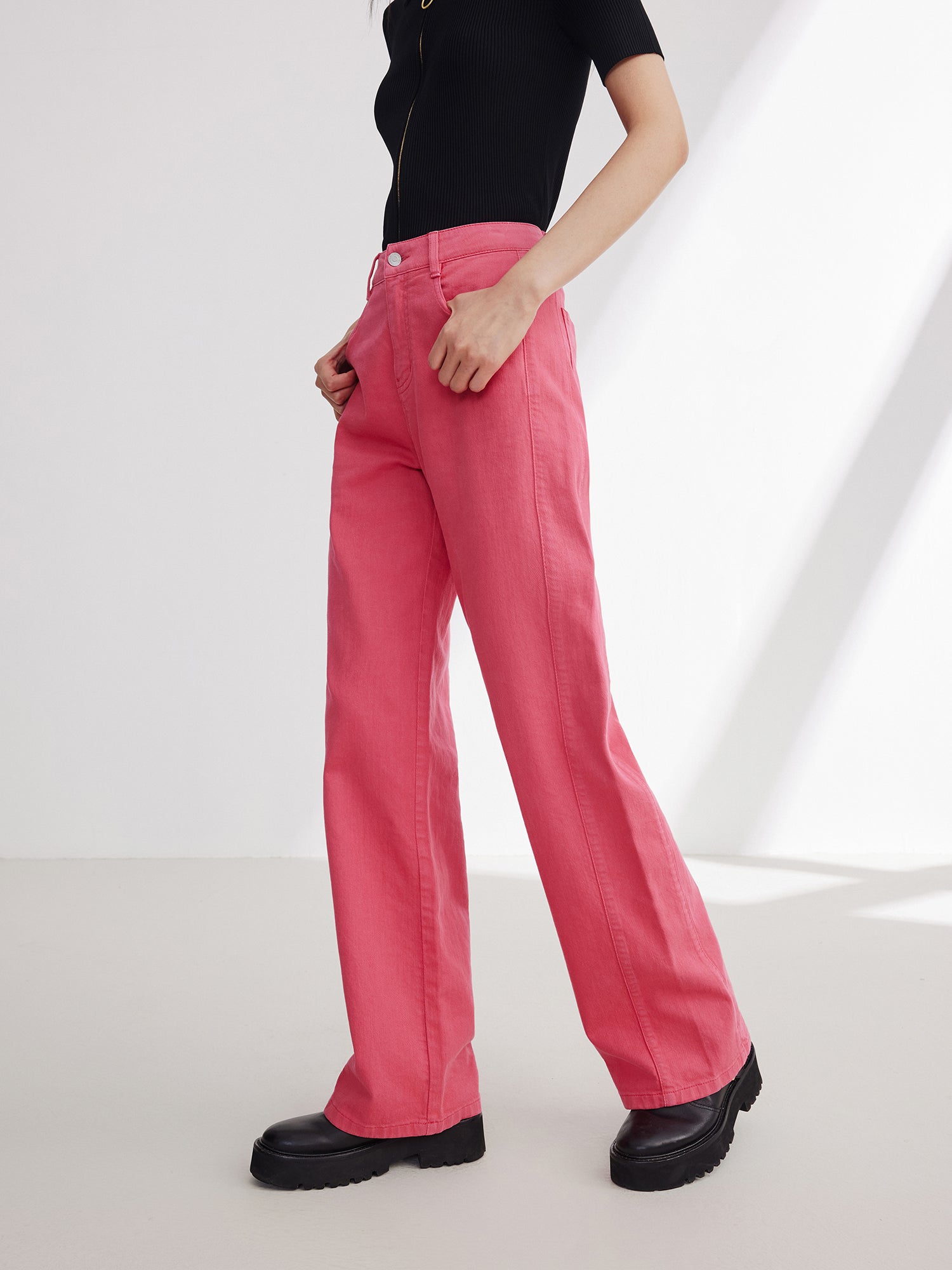 Cotton Linen Straight Jeans | Rose Red
